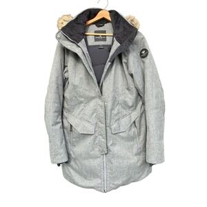 Womens Obermeyer Sojourner Down Jacket Gray Size 12 Hooded Faux Fur Style 11200